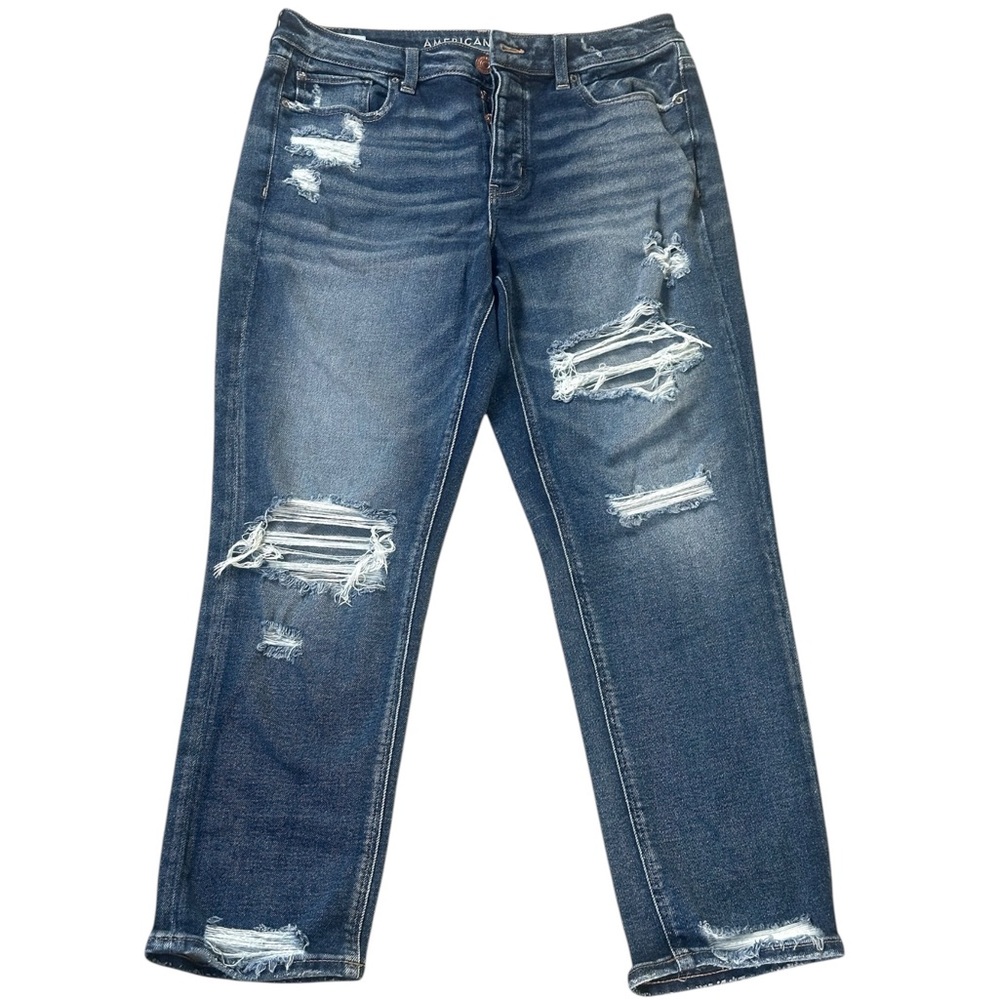 American Eagle Jeans Womens Tomgirl Blue
Fade Stretch Distressed Denim Size 10R